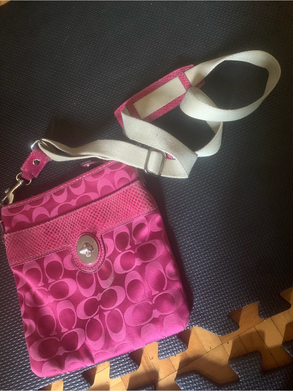 Coach Hot Pink Signature Crossbody with Cream Strap